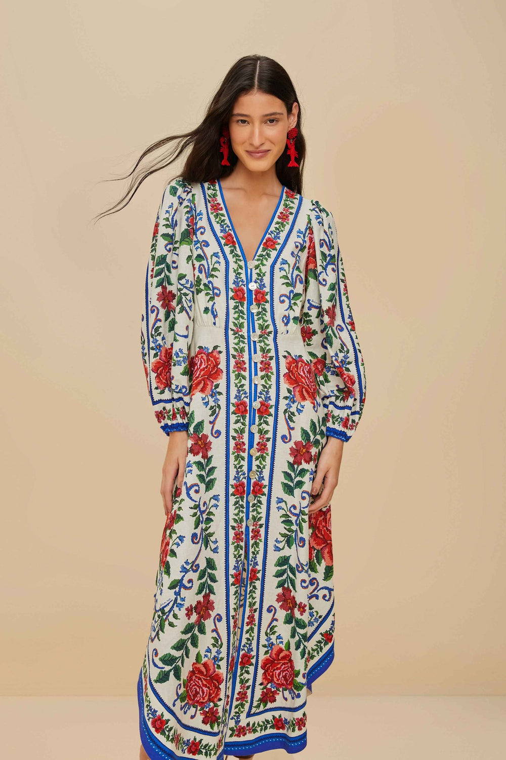Off-White Flower Tapestry LENZING™ ECOVERO™ Euroflax™ Maxi Dress | FARM Rio Women