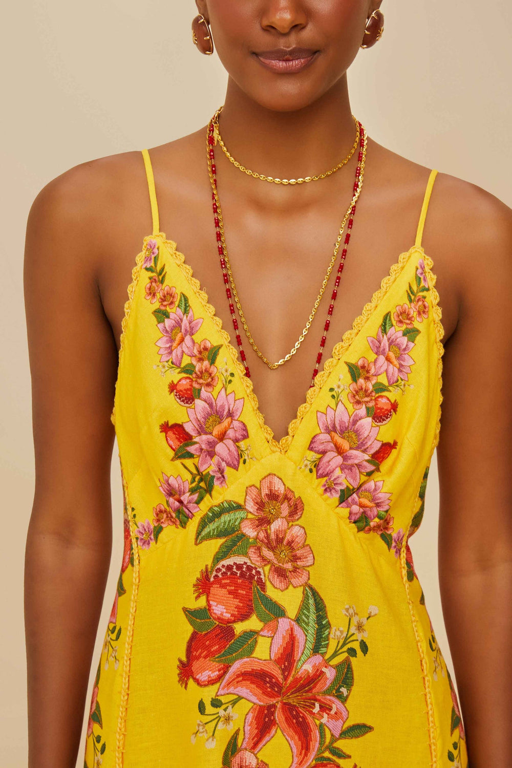 Yellow Summer Fruit Scarf LENZING™ ECOVERO™ Euroflax™ Maxi Dress | FARM Rio Women