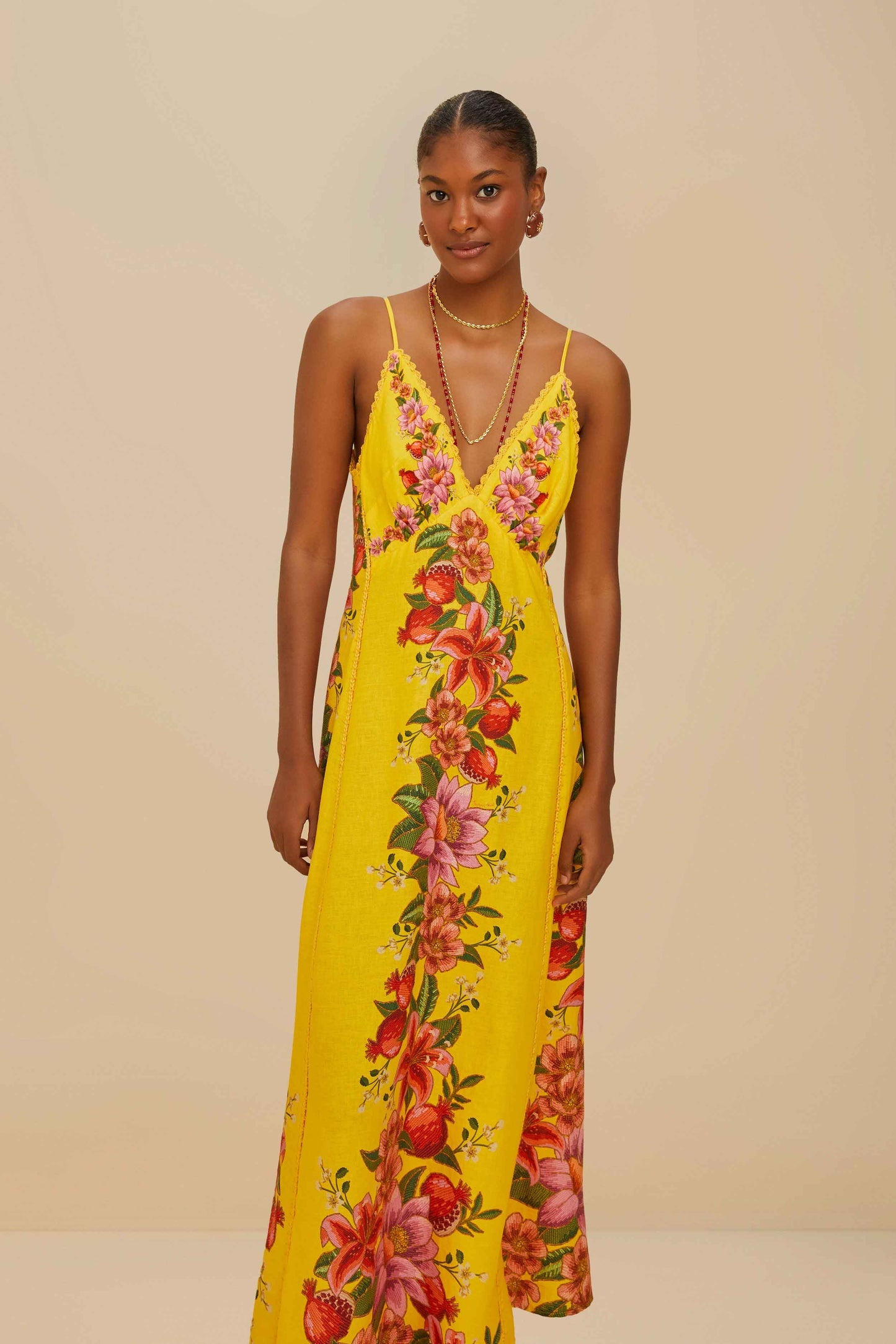 Yellow Summer Fruit Scarf LENZING™ ECOVERO™ Euroflax™ Maxi Dress | FARM Rio Women