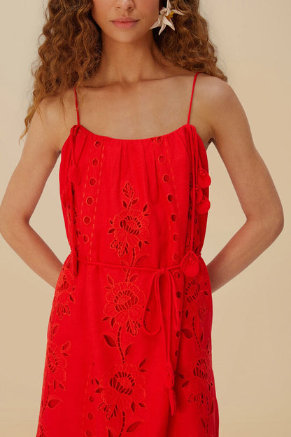 Red Flowers Richelieu LENZING™ ECOVERO™ Euroflax™ Maxi Dress | FARM Rio Women
