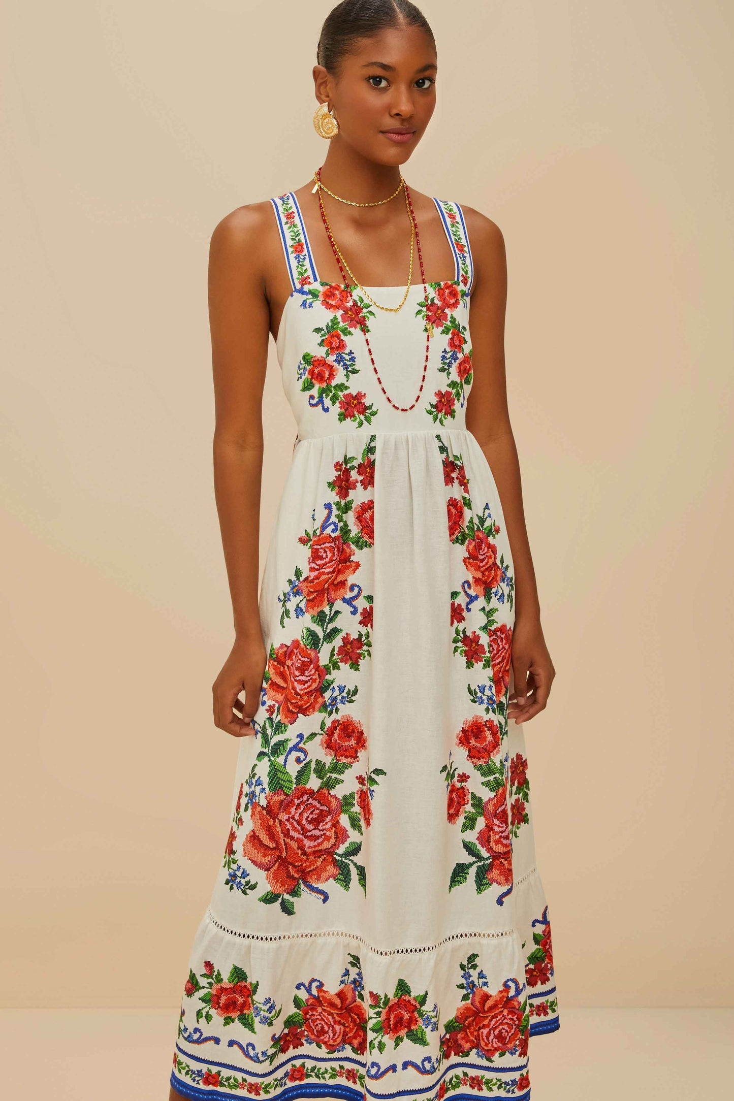 Off-White Flower Tapestry LENZING™ ECOVERO™ Euroflax™ Maxi Dress | FARM Rio Women