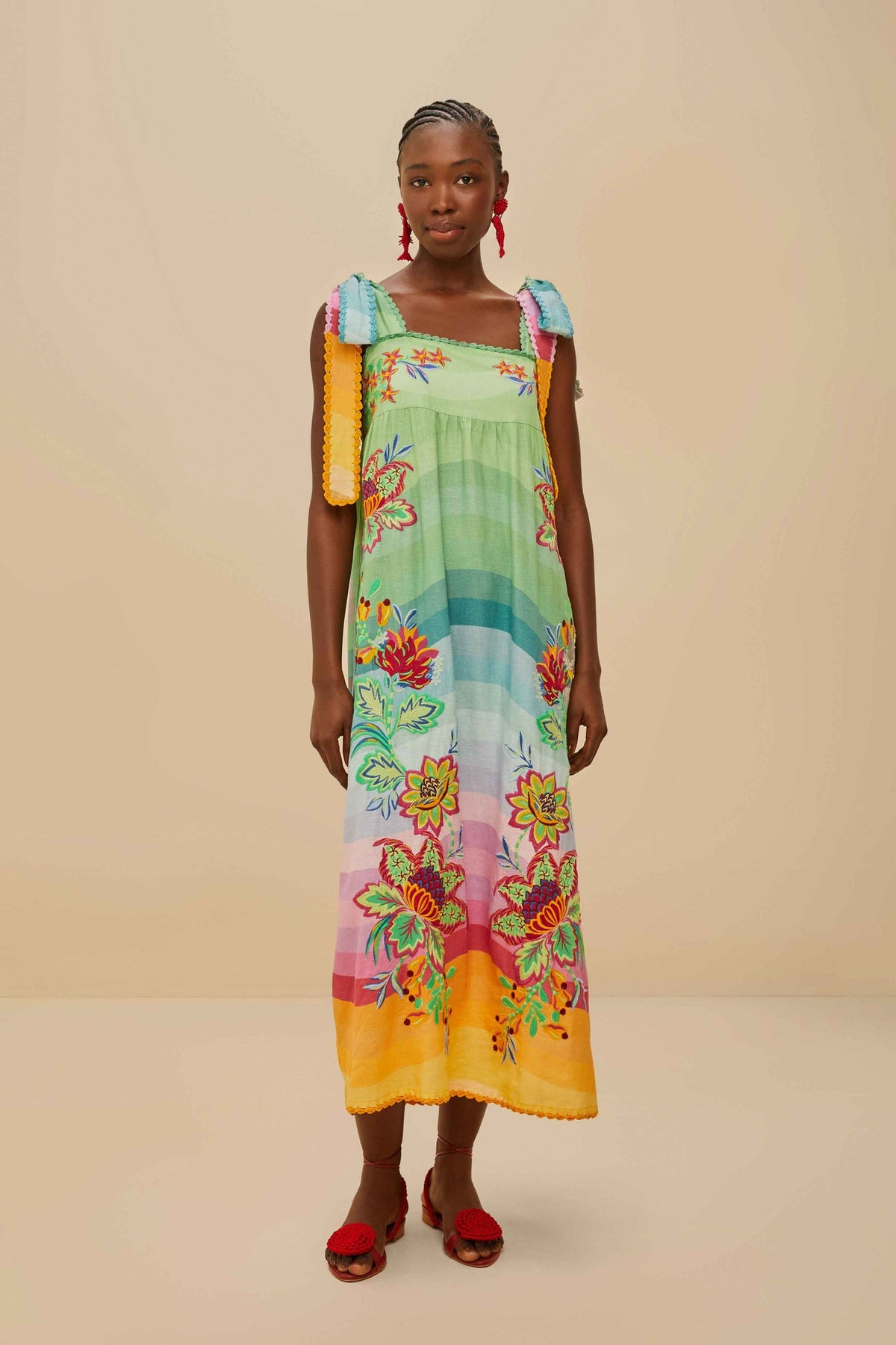Multicolor Aura Floral Embroidered Euroflax™ Premium Linen Maxi Dress | FARM Rio Women