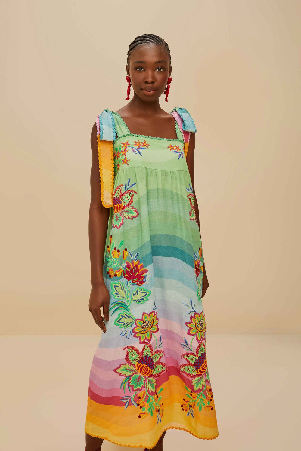 Multicolor Aura Floral Embroidered Euroflax™ Premium Linen Maxi Dress | FARM Rio Women
