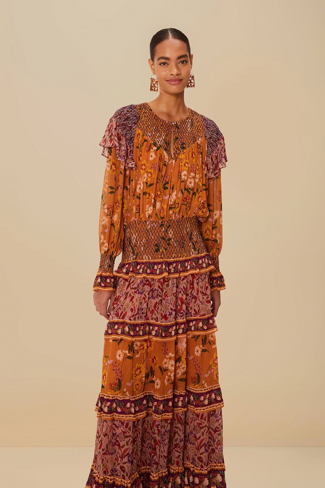 Colorful Birds Camel Smocking Long Sleeve Maxi Dress | FARM Rio Women