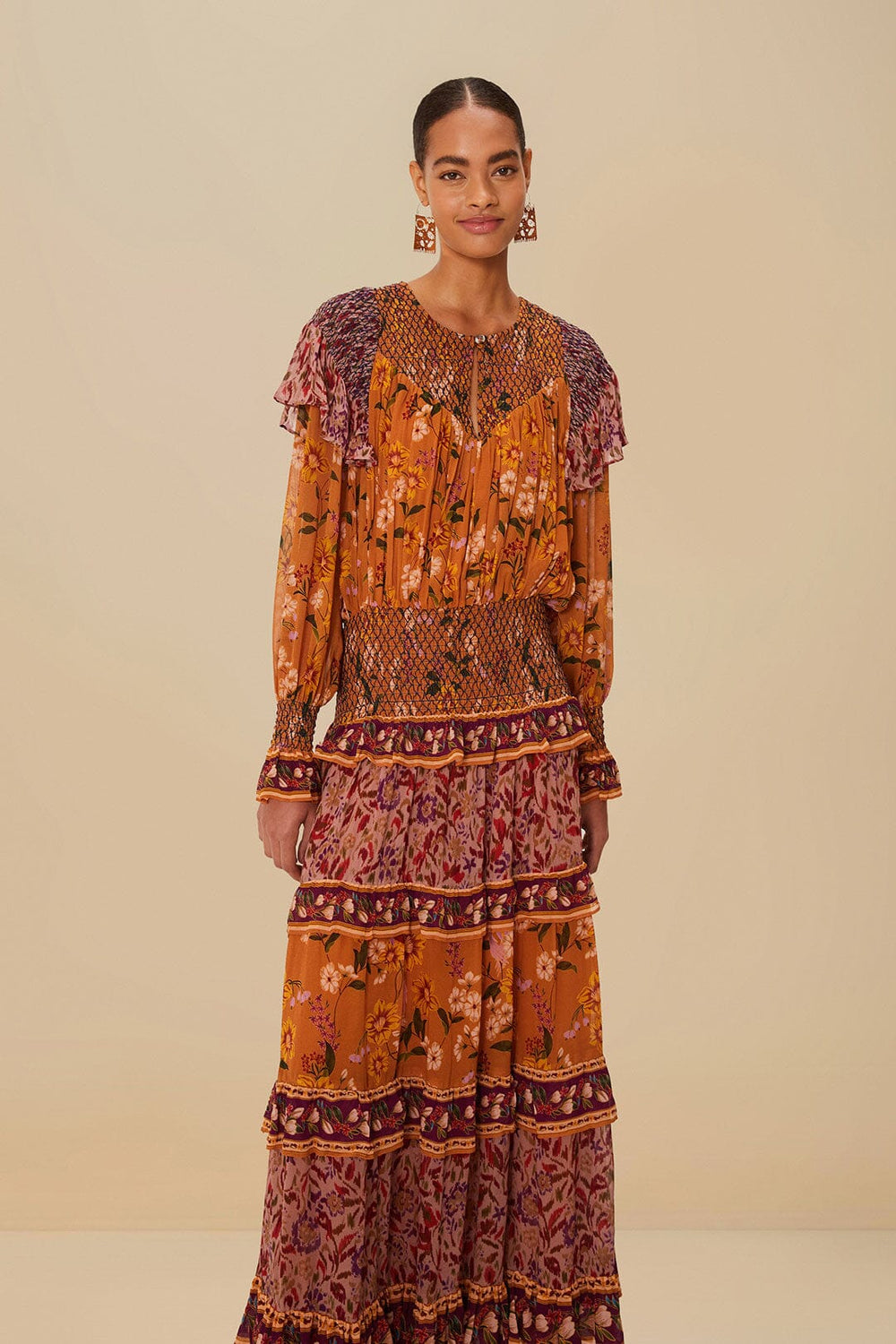 Colorful Birds Camel Smocking Long Sleeve Maxi Dress | FARM Rio Women
