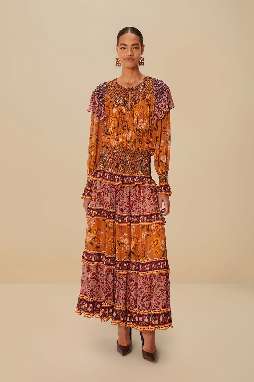 Colorful Birds Camel Smocking Long Sleeve Maxi Dress | FARM Rio Women