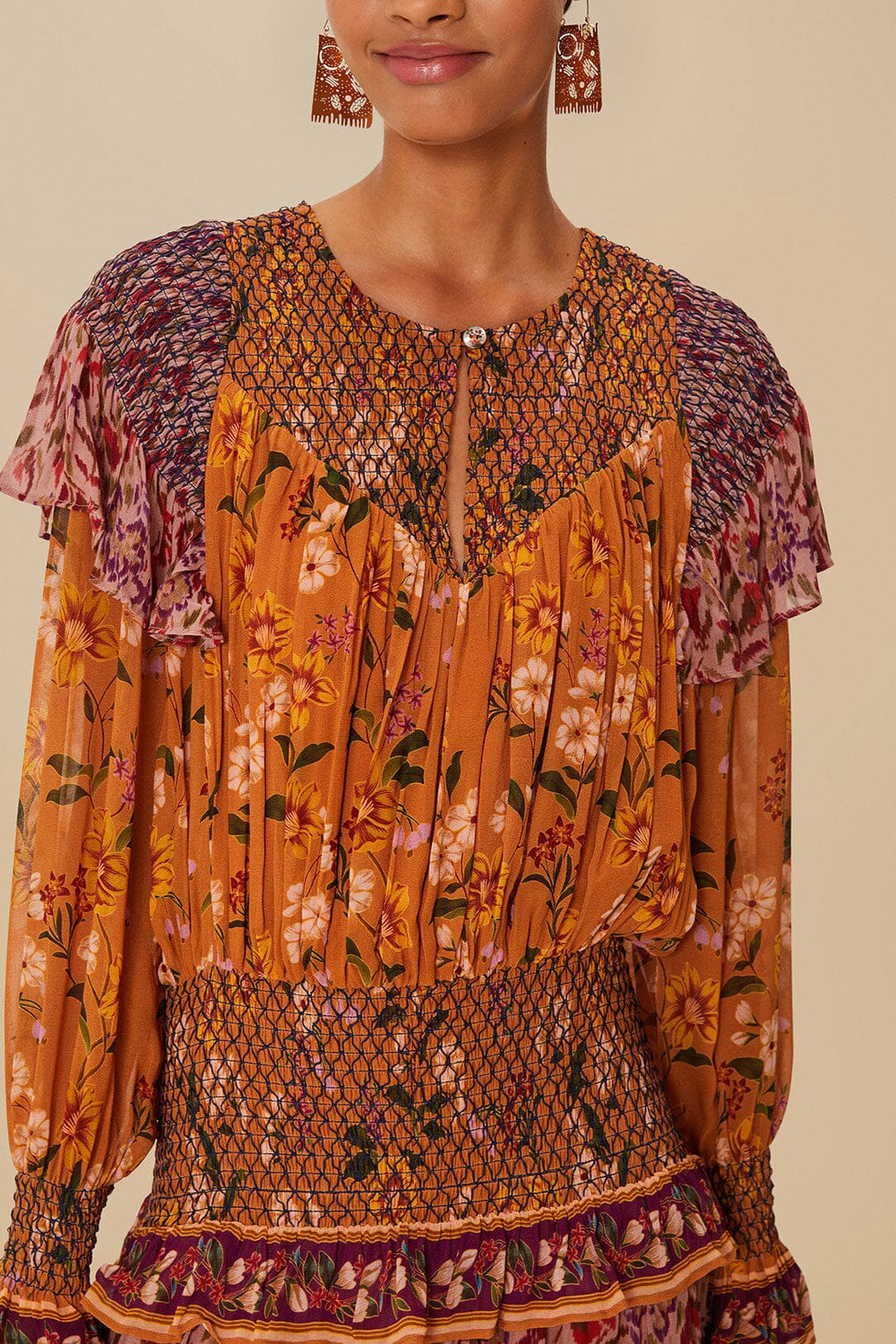 Colorful Birds Camel Smocking Long Sleeve Maxi Dress | FARM Rio Women