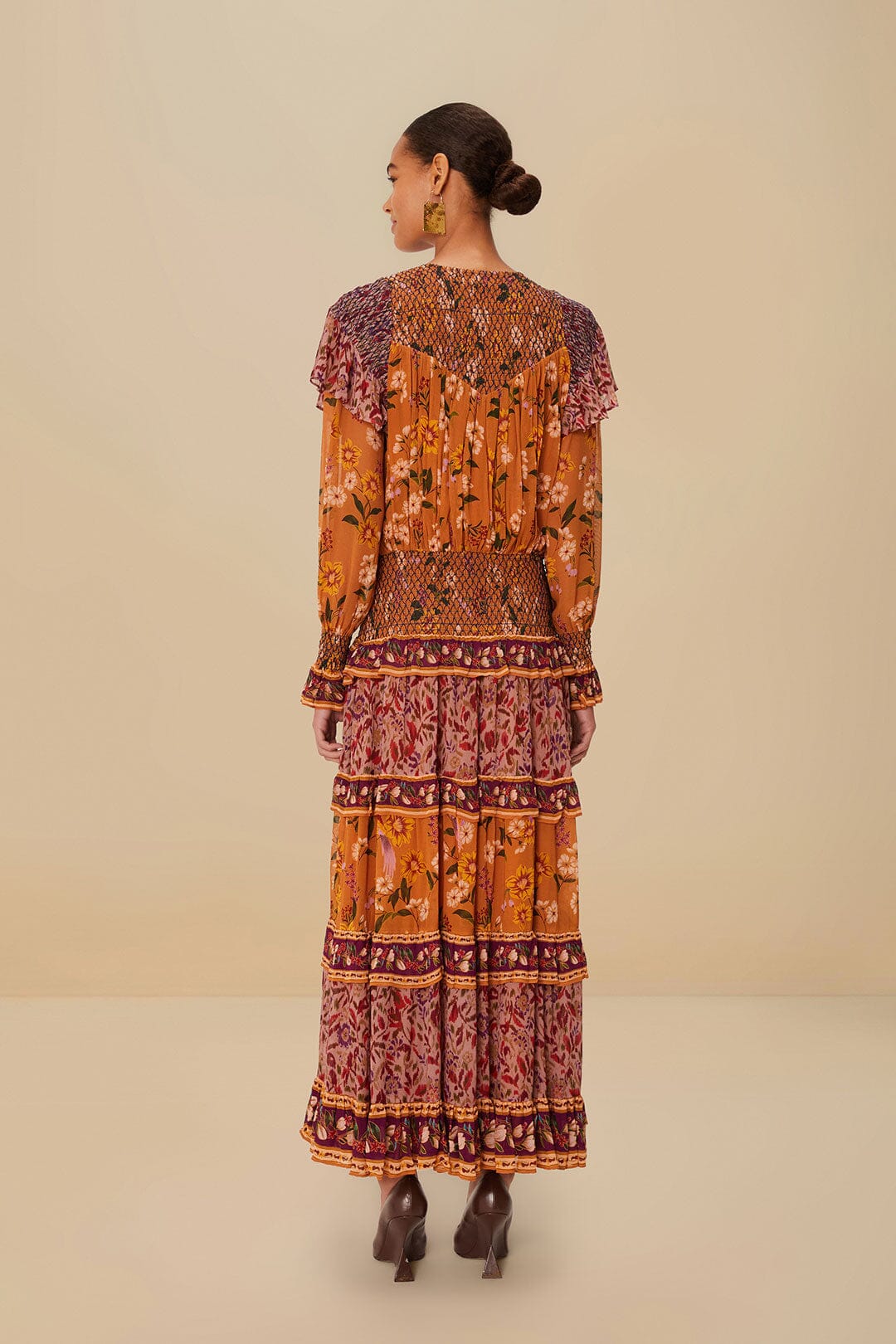 Colorful Birds Camel Smocking Long Sleeve Maxi Dress | FARM Rio Women