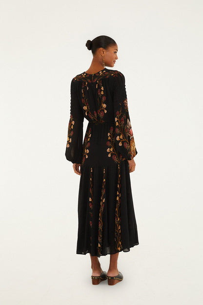 Black Berry Garden Long Sleeve Pleated Maxi Dress | FARM Rio | FARM Rio Women