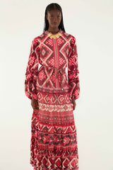 Red Graphic Ainika Belted Tiered Maxi Dress | FARM Rio | FARM Rio Women