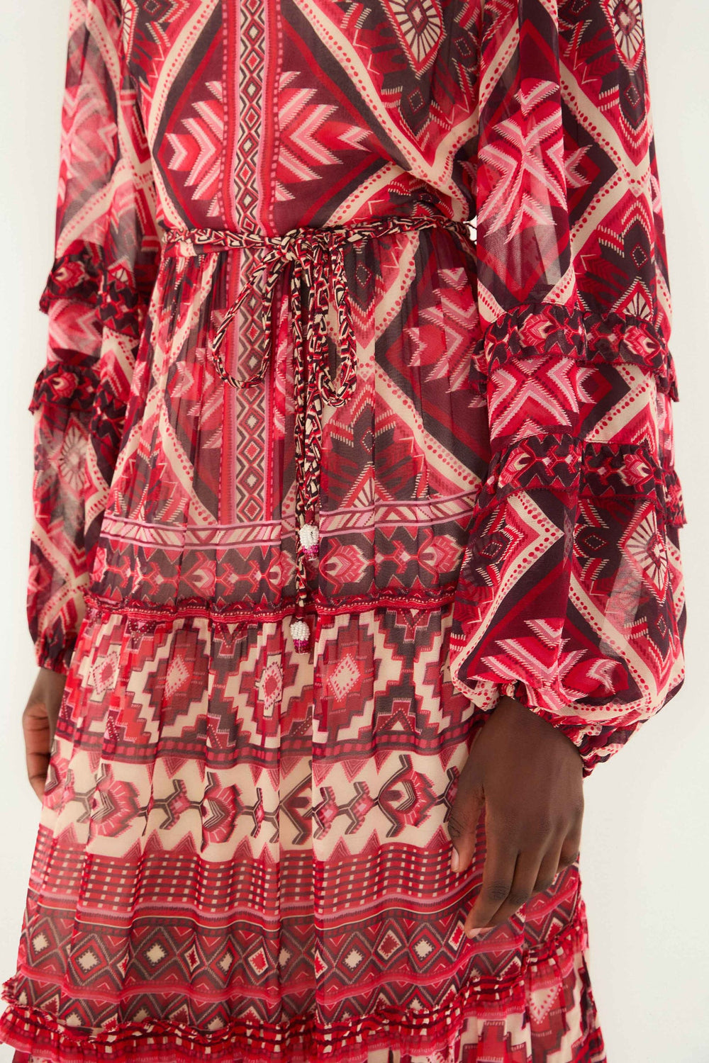Red Graphic Ainika Belted Tiered Maxi Dress | FARM Rio | FARM Rio Women