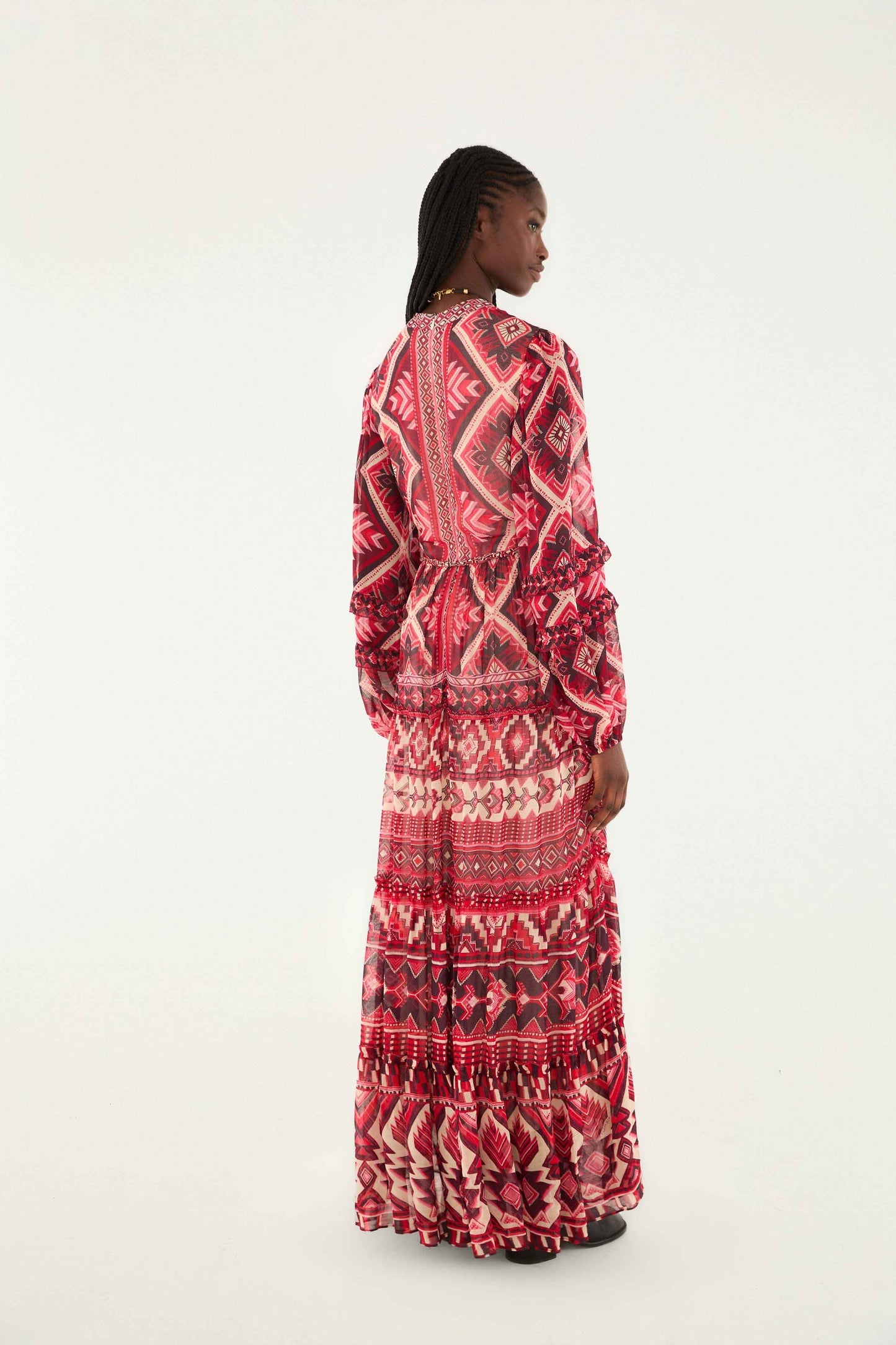 Red Graphic Ainika Belted Tiered Maxi Dress | FARM Rio | FARM Rio Women
