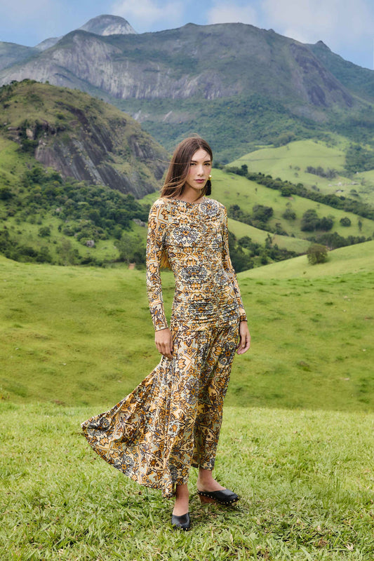 Blue Winter Tapestry Long Sleeve Maxi Dress | FARM Rio | FARM Rio Women
