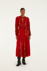 Red Berry Garden Long Sleeve Pleated Maxi Dress | FARM Rio | FARM Rio Women