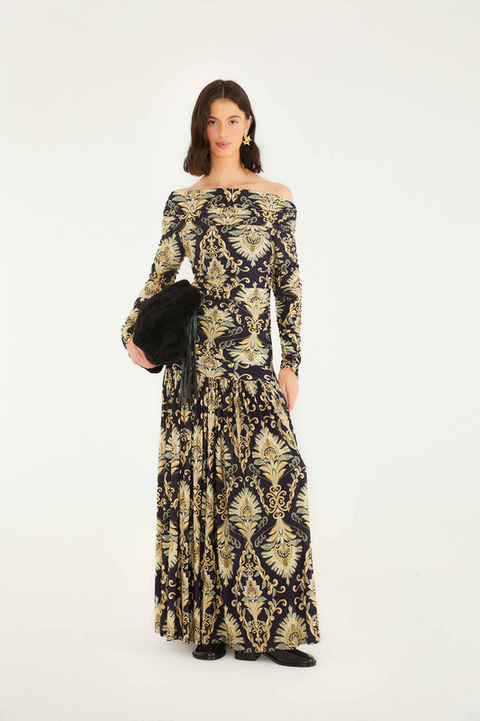 Navy Blue Wonderful Arabesque Off-Shoulder Maxi Dress | FARM Rio | FARM Rio Women