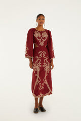 Red Artisanal Cut-Out Embroidered Euroflax� Premium Linen Maxi Dress | FARM Rio | FARM Rio Women