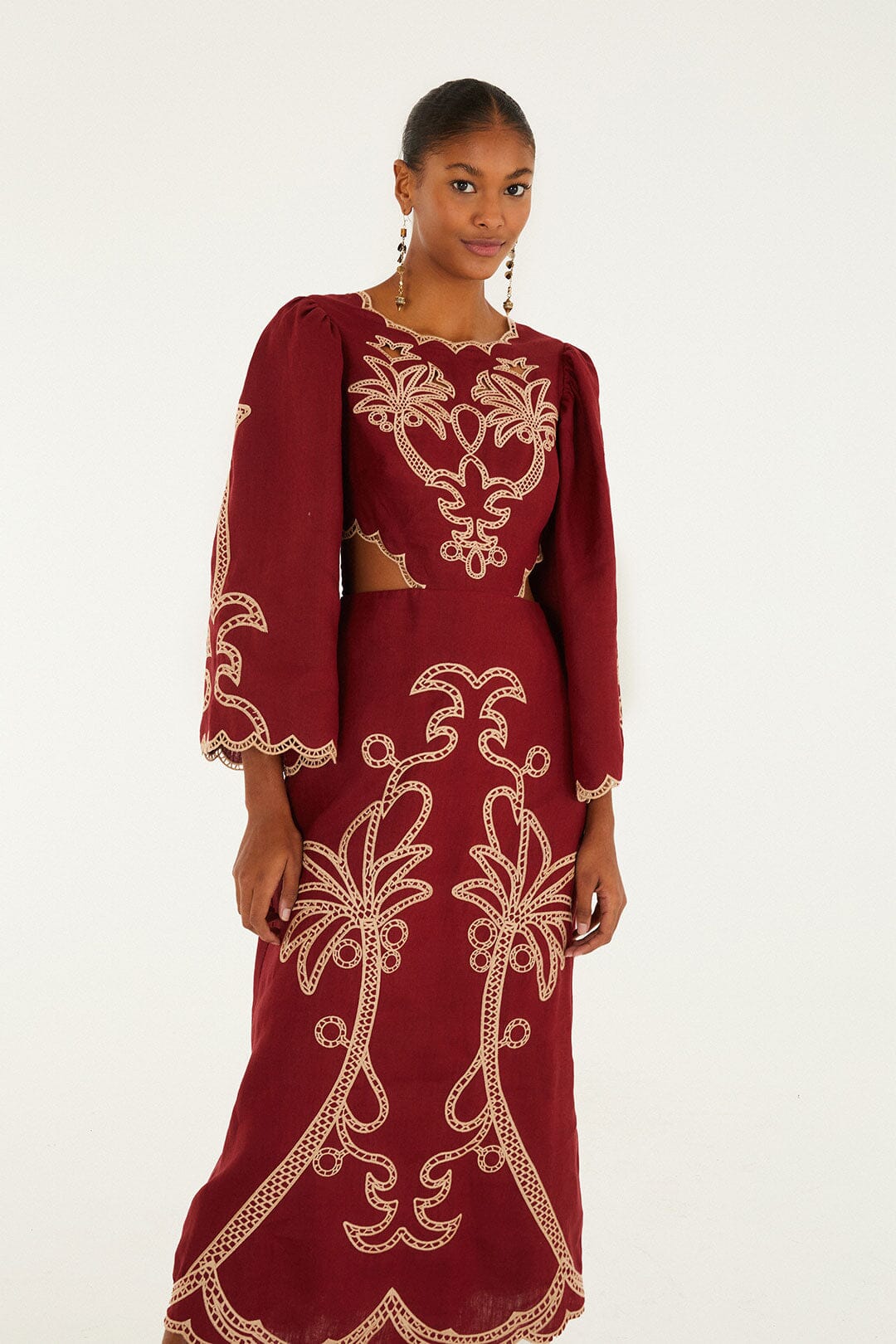 Red Artisanal Cut-Out Embroidered Euroflax� Premium Linen Maxi Dress | FARM Rio | FARM Rio Women