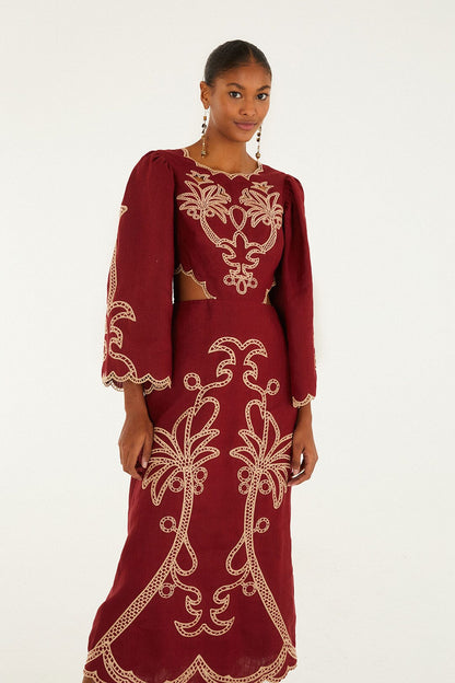 Red Artisanal Cut-Out Embroidered Euroflax� Premium Linen Maxi Dress | FARM Rio | FARM Rio Women