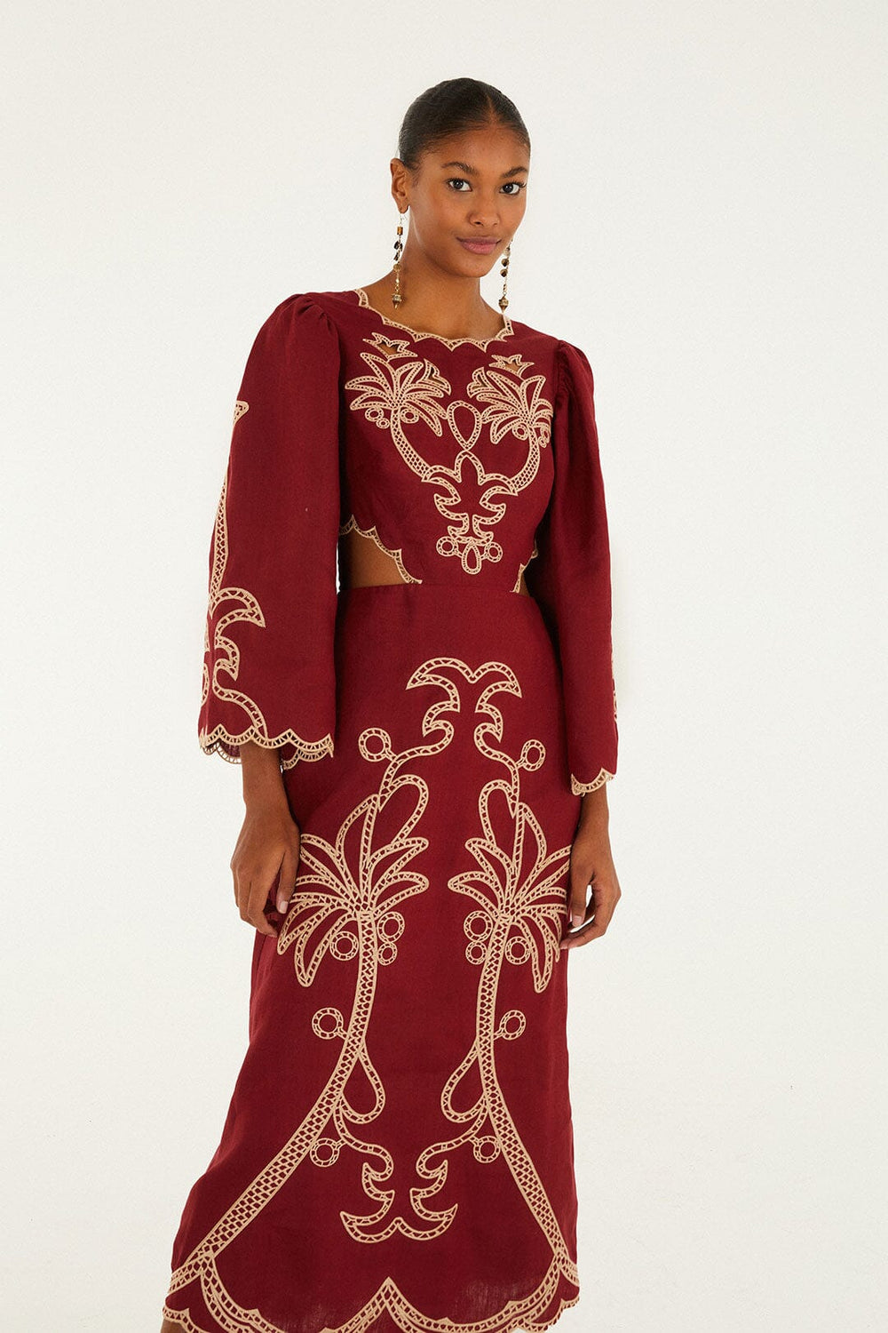 Red Artisanal Cut-Out Embroidered Euroflax� Premium Linen Maxi Dress | FARM Rio | FARM Rio Women