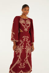 Red Artisanal Cut-Out Embroidered Euroflax� Premium Linen Maxi Dress | FARM Rio | FARM Rio Women