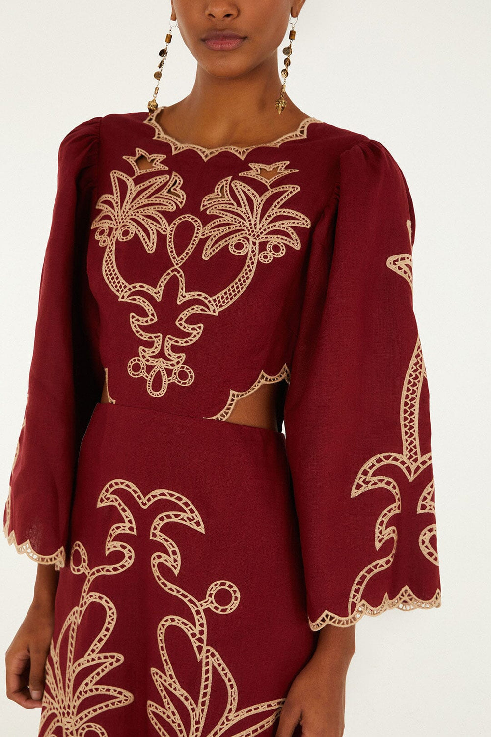 Red Artisanal Cut-Out Embroidered Euroflax� Premium Linen Maxi Dress | FARM Rio | FARM Rio Women