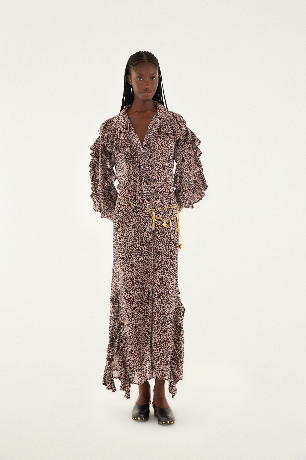 Pink Baby Leopard Long Sleeve Angled Frill Maxi Dress | FARM Rio | FARM Rio Women