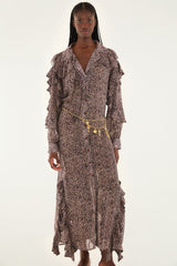 Pink Baby Leopard Long Sleeve Angled Frill Maxi Dress | FARM Rio | FARM Rio Women