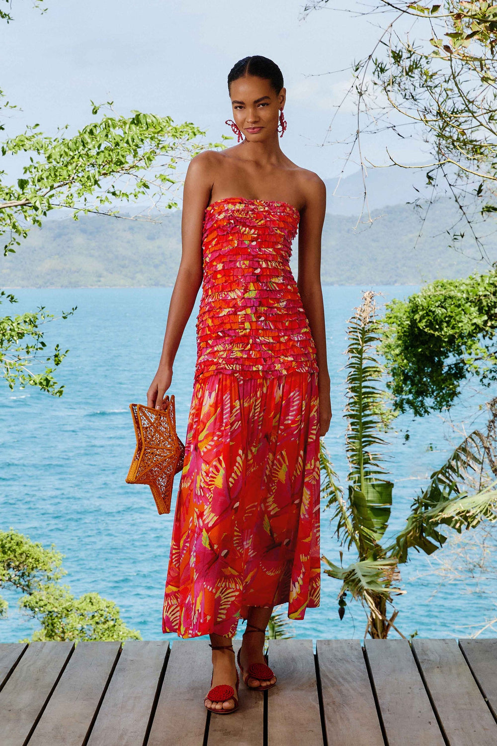 Orange Flying Birds Strapless Midi Dress | FARM Rio Women