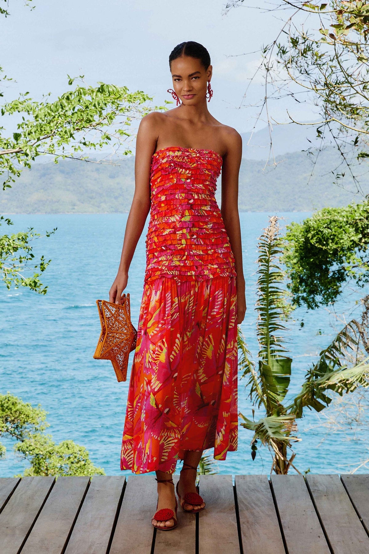 Orange Flying Birds Strapless Midi Dress | FARM Rio Women