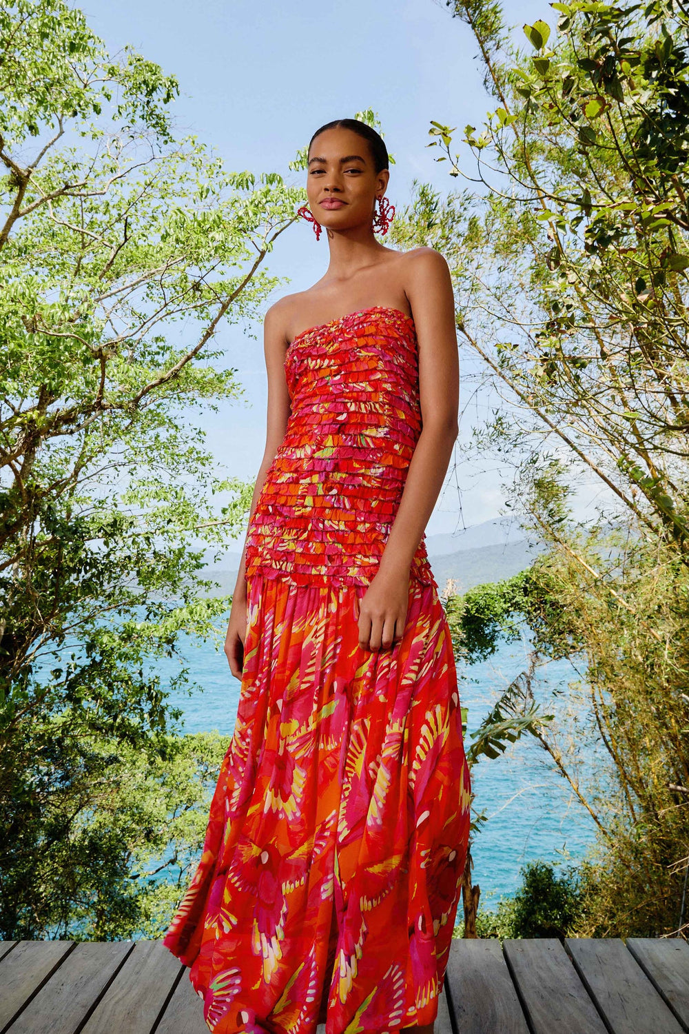 Orange Flying Birds Strapless Midi Dress | FARM Rio Women