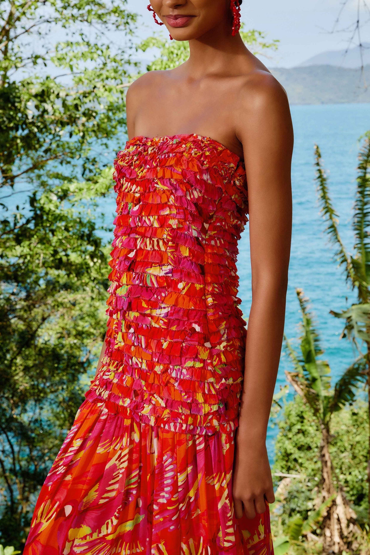 Orange Flying Birds Strapless Midi Dress | FARM Rio Women