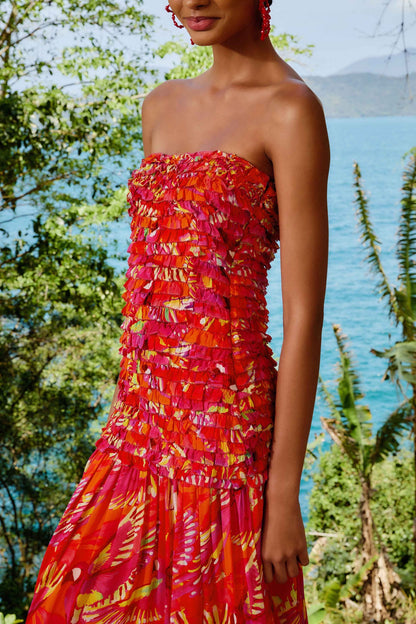 Orange Flying Birds Strapless Midi Dress | FARM Rio Women