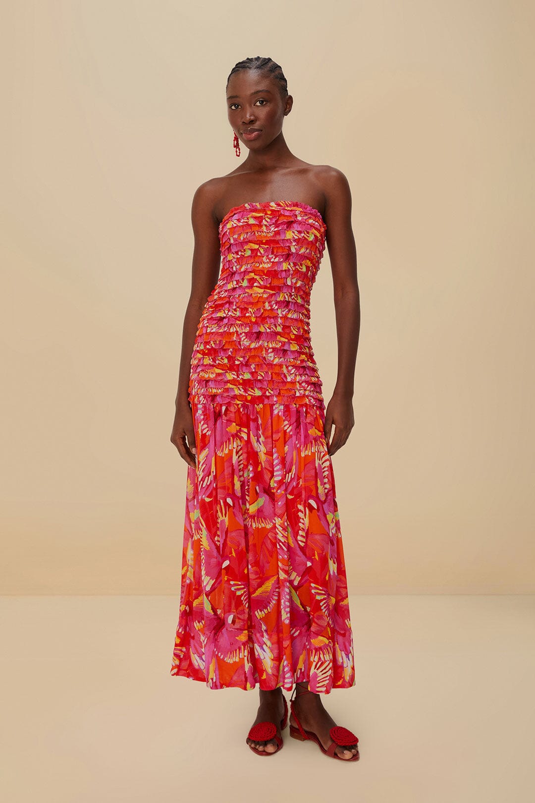 Orange Flying Birds Strapless Midi Dress | FARM Rio Women
