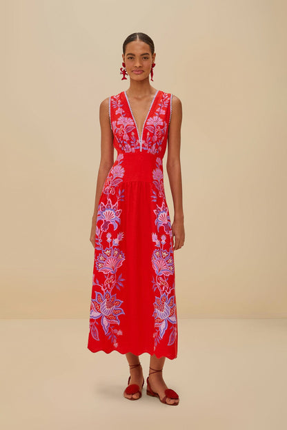 Red Porcelain Garden Euroflax™ Premium Linen Midi Dress | FARM Rio Women
