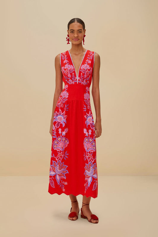 Red Porcelain Garden Euroflax™ Premium Linen Midi Dress | FARM Rio Women