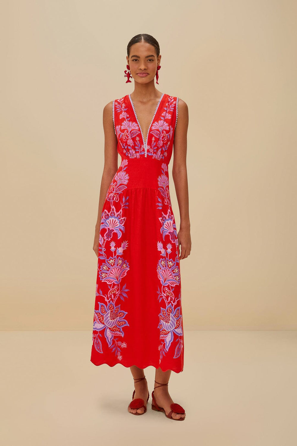 Red Porcelain Garden Euroflax™ Premium Linen Midi Dress | FARM Rio Women