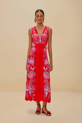 Red Porcelain Garden Euroflax™ Premium Linen Midi Dress | FARM Rio Women