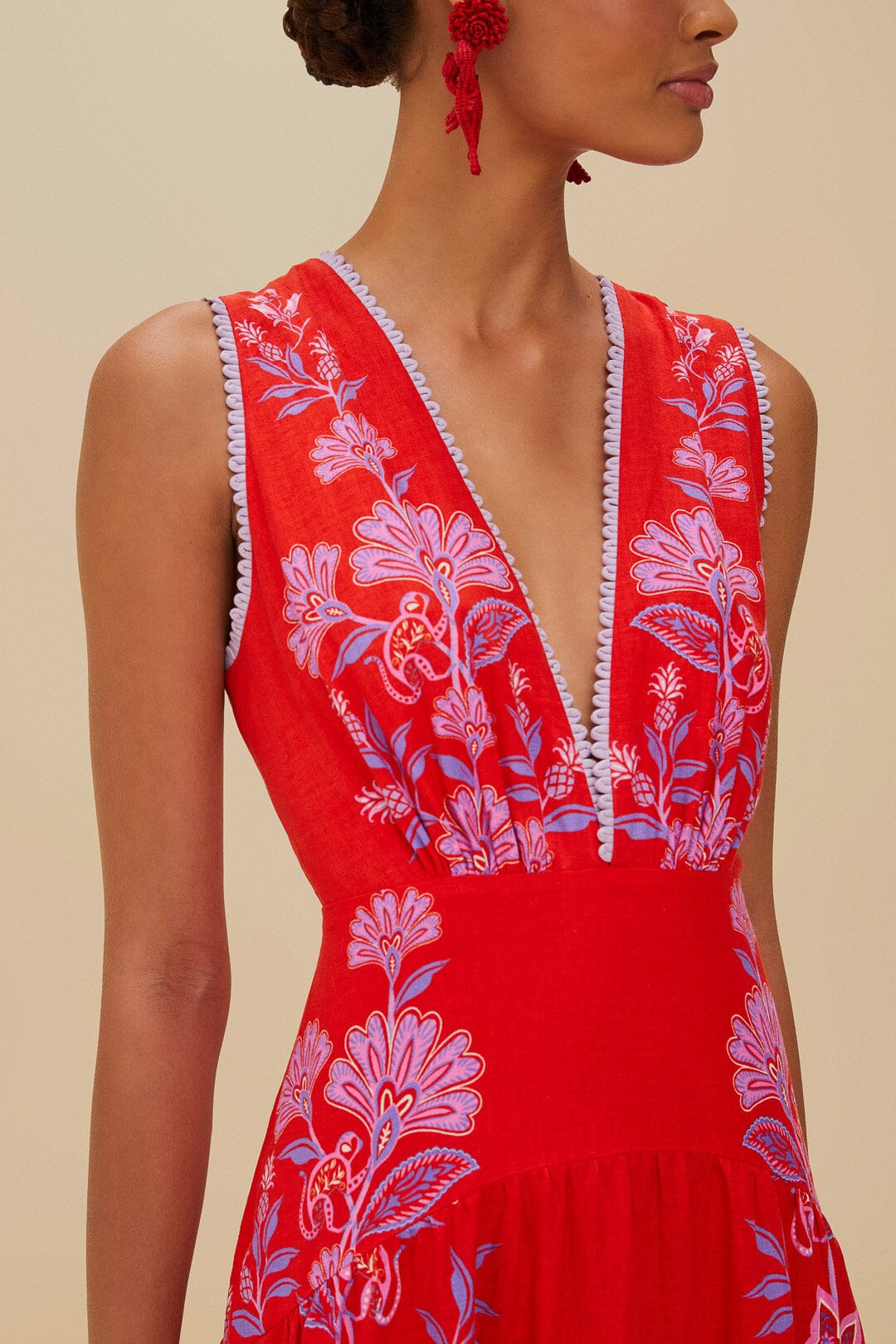 Red Porcelain Garden Euroflax™ Premium Linen Midi Dress | FARM Rio Women