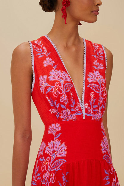 Red Porcelain Garden Euroflax™ Premium Linen Midi Dress | FARM Rio Women