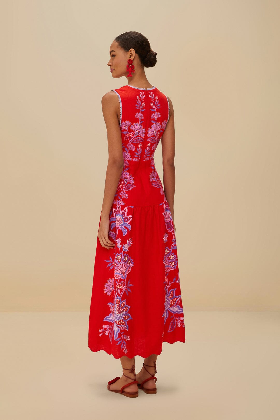 Red Porcelain Garden Euroflax™ Premium Linen Midi Dress | FARM Rio Women