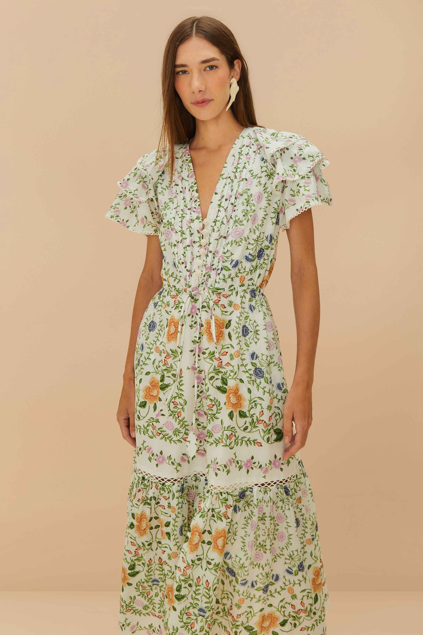 Off-White Folk Floral Lace Midi Dress | FARM Rio Women