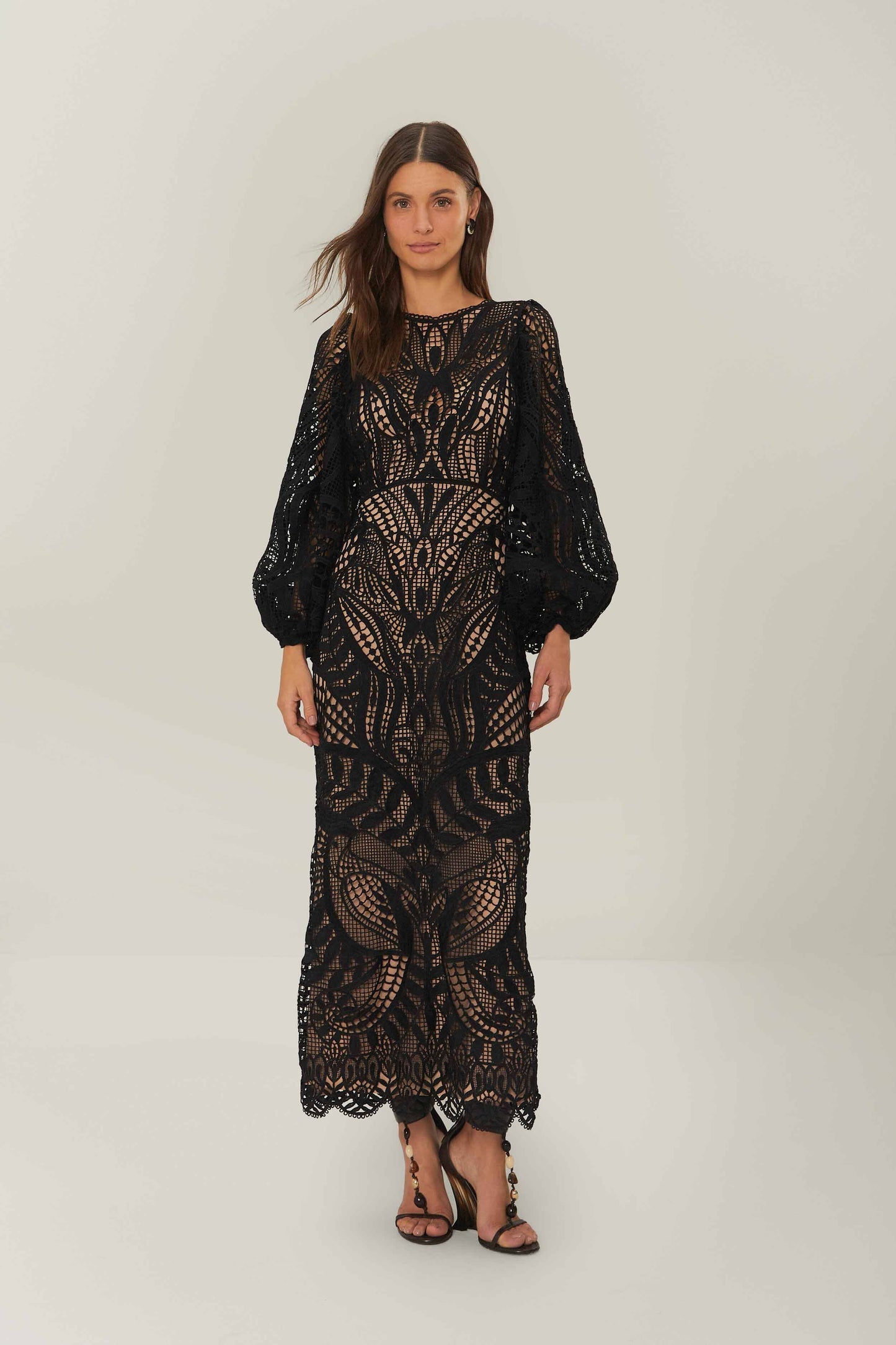 Black Nature Guipure Midi Dress | FARM Rio Women