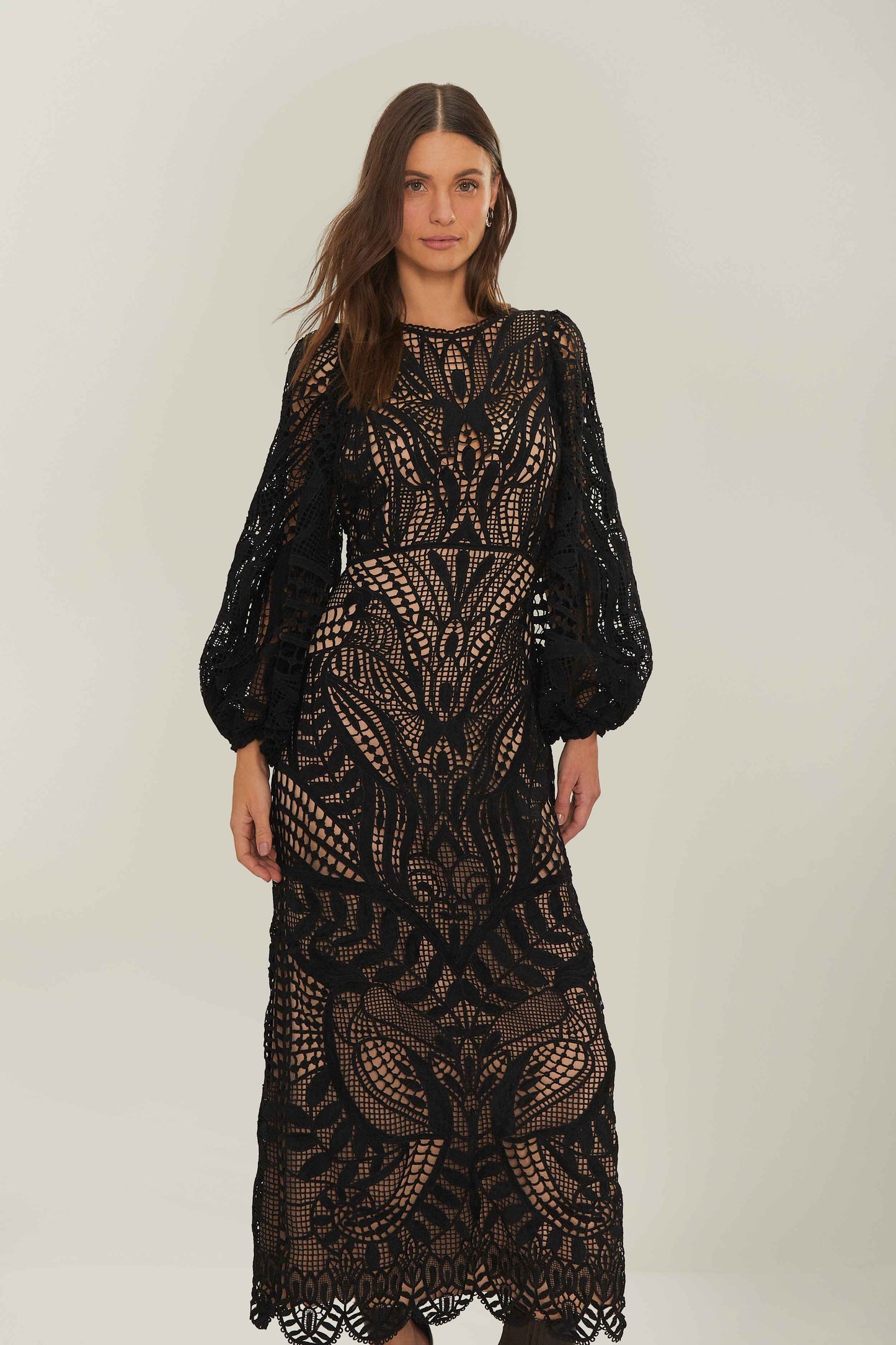 Black Nature Guipure Midi Dress | FARM Rio Women