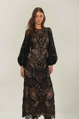 Black Nature Guipure Midi Dress | FARM Rio Women