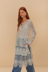 Off-White Nautical Guipure Long Sleeve Midi Dress | FARM Rio Women