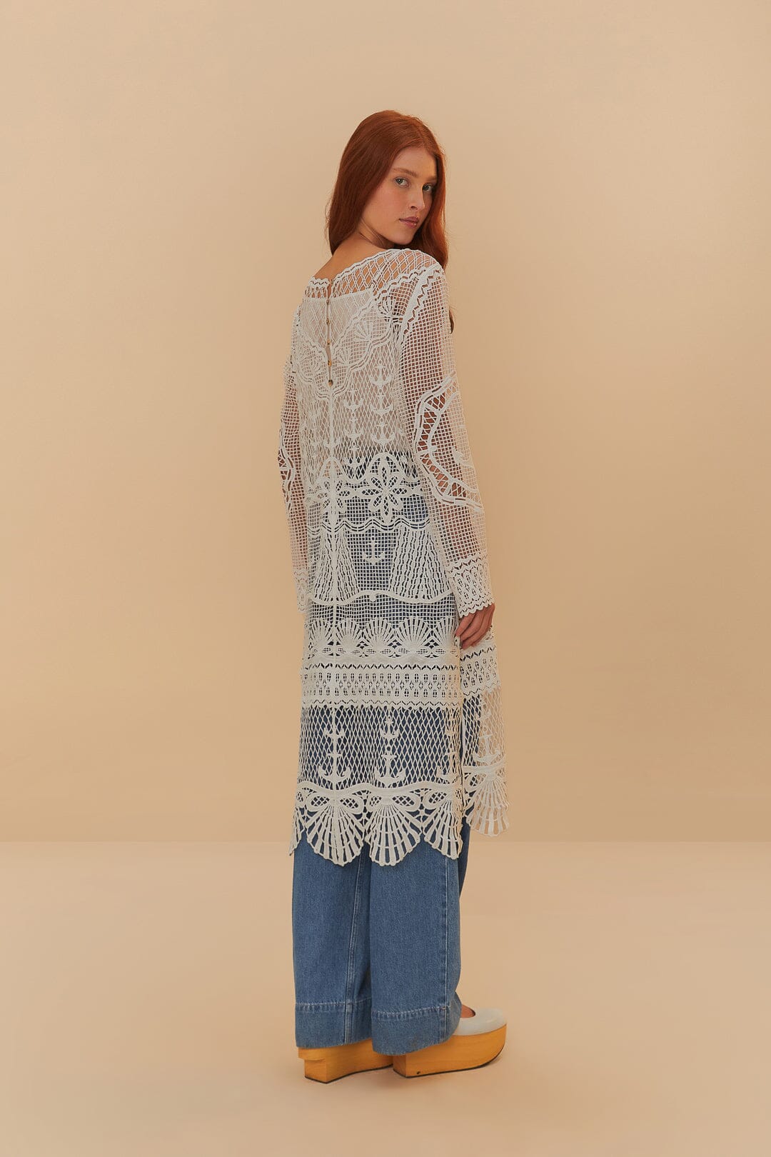 Off-White Nautical Guipure Long Sleeve Midi Dress | FARM Rio Women