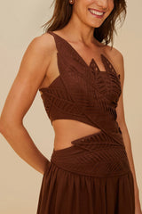 Burgundy Leaves Cut-Out LENZING™ ECOVERO™ Euroflax™ Midi Dress | FARM Rio Women
