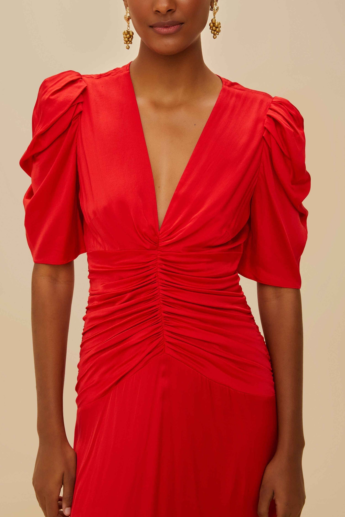 Red Gathered Midi Dress | FARM Rio Women