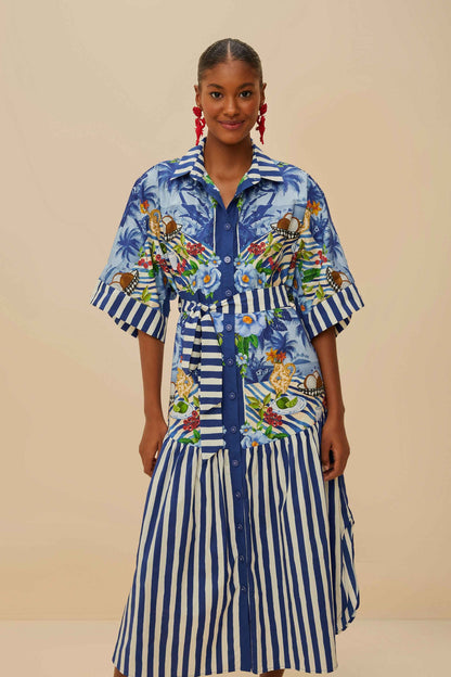 Blue Fresh Table Scarf Organic Cotton Midi Dress | FARM Rio Women