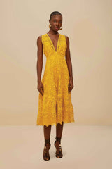 Landscape Guipure Mustard Yellow Midi Dress | FARM Rio Women